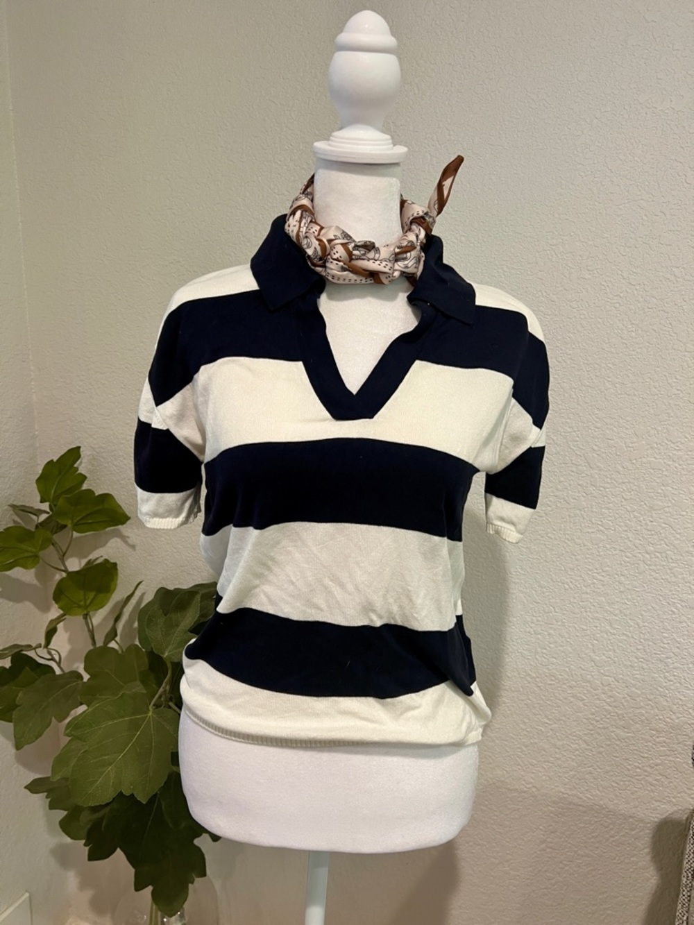 H&M Divided Striped Knit Polo Top - Navy & White - Size XXS